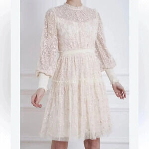 Needle & Thread Ivory Embroidered Long Sleeve Midi Dress